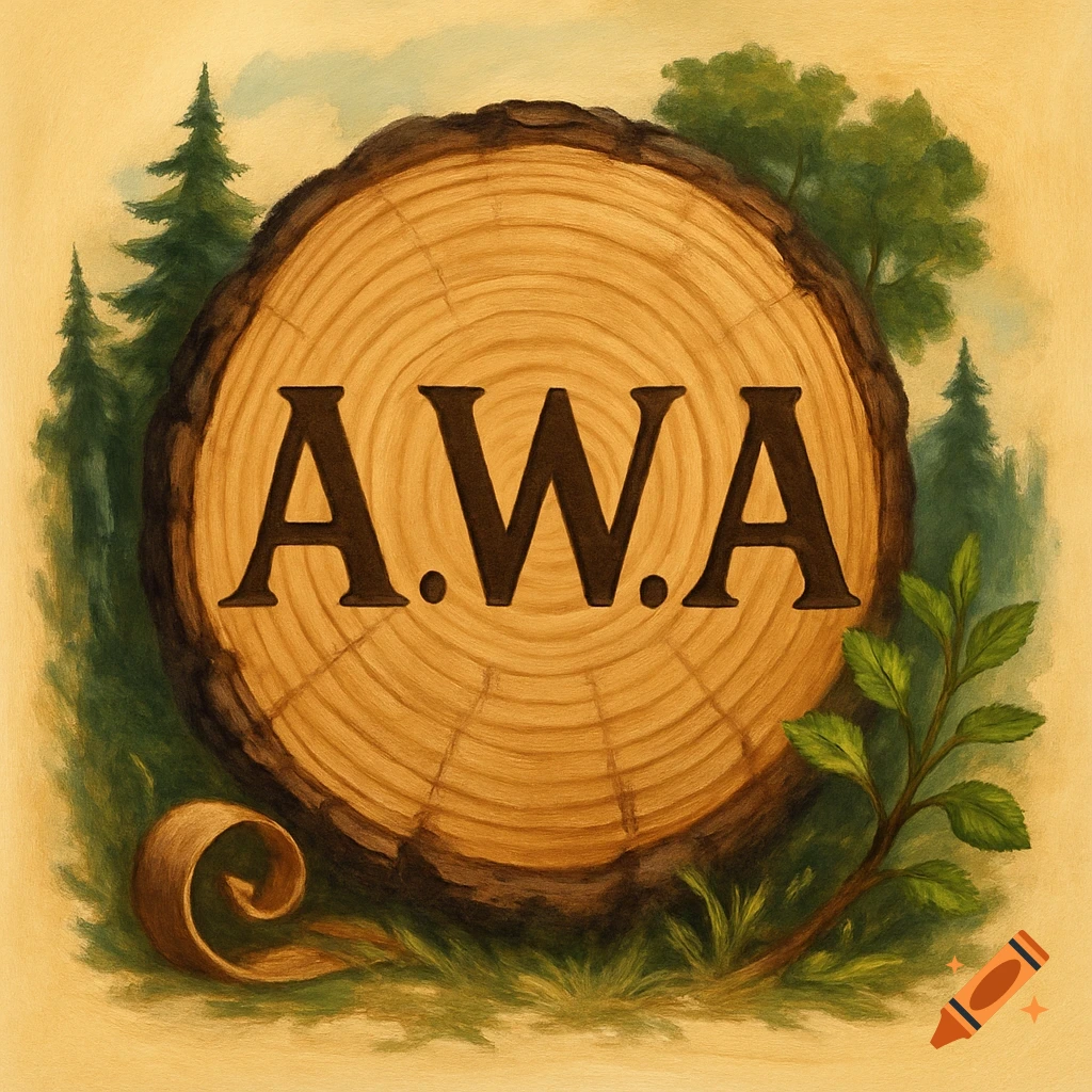 Logo text on a log slice with trees and leaves. Illustration.