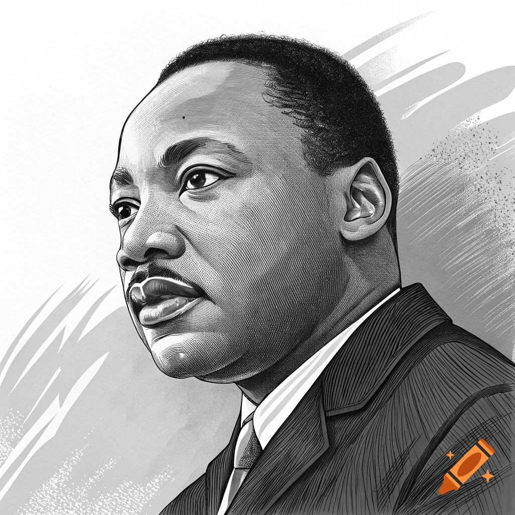 Black and white etching-style drawing of Martin Luther King Jr.