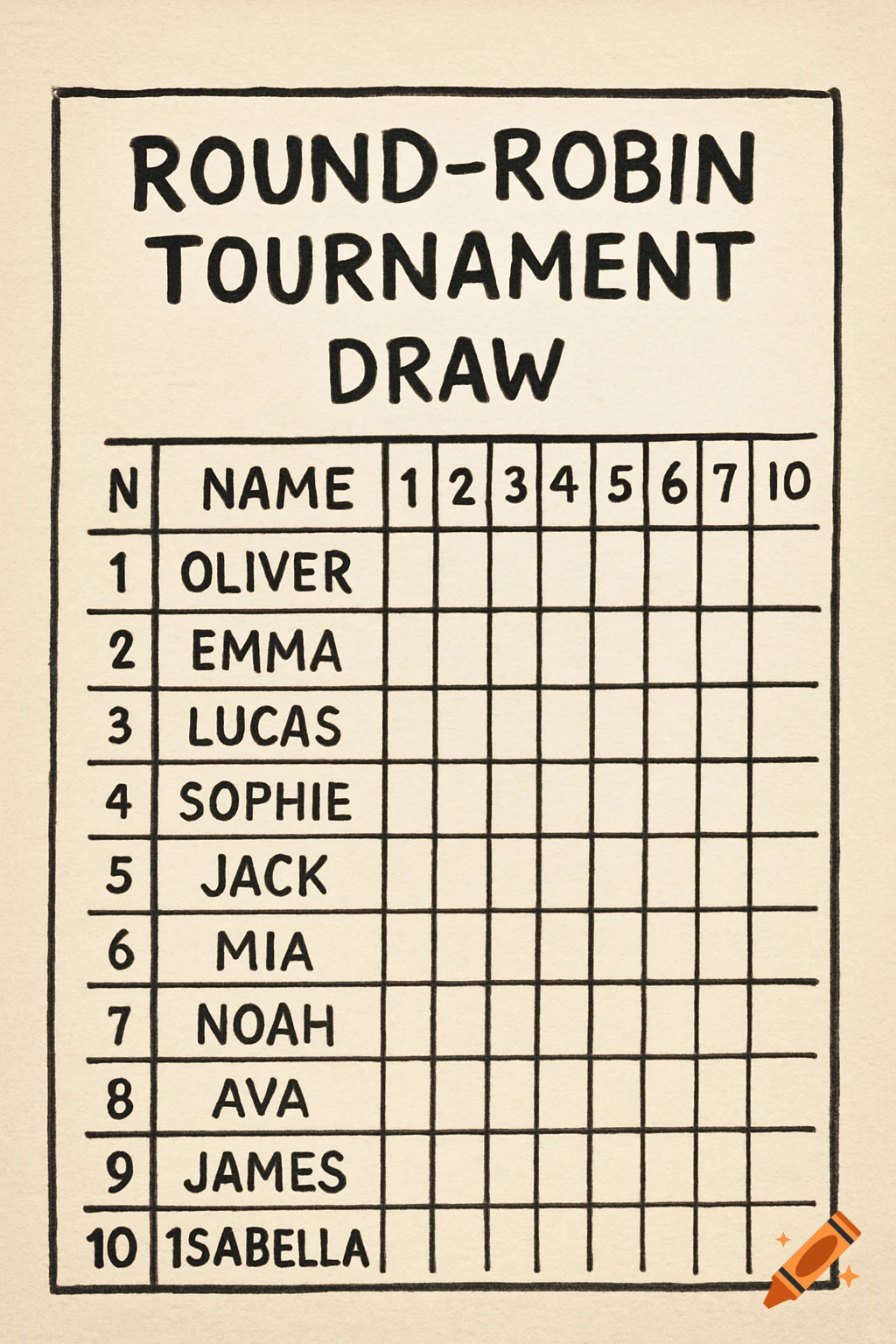Hand-drawn round-robin tournament draw chart with 10 player slots and grid.