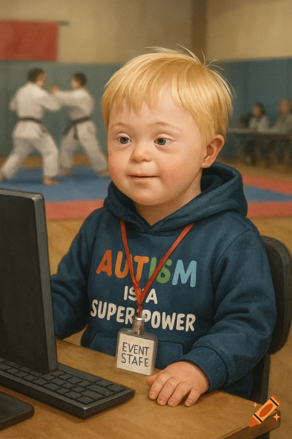 A young child with Down Syndrome wearing an 'AUTISM IS A SUPER POWER' hoodie sits at a computer with a badge. People do karate in the background.