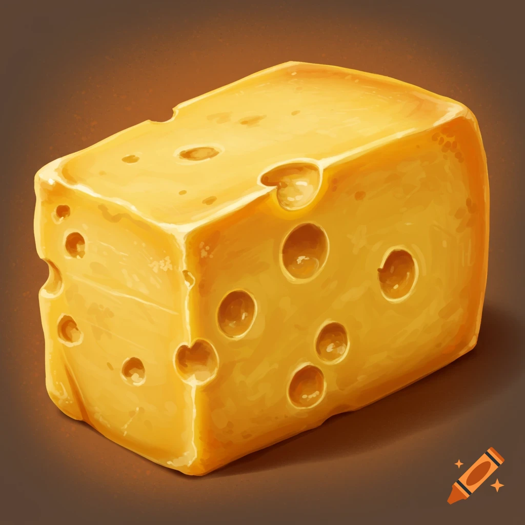 A stylized block of yellow cheese with holes.