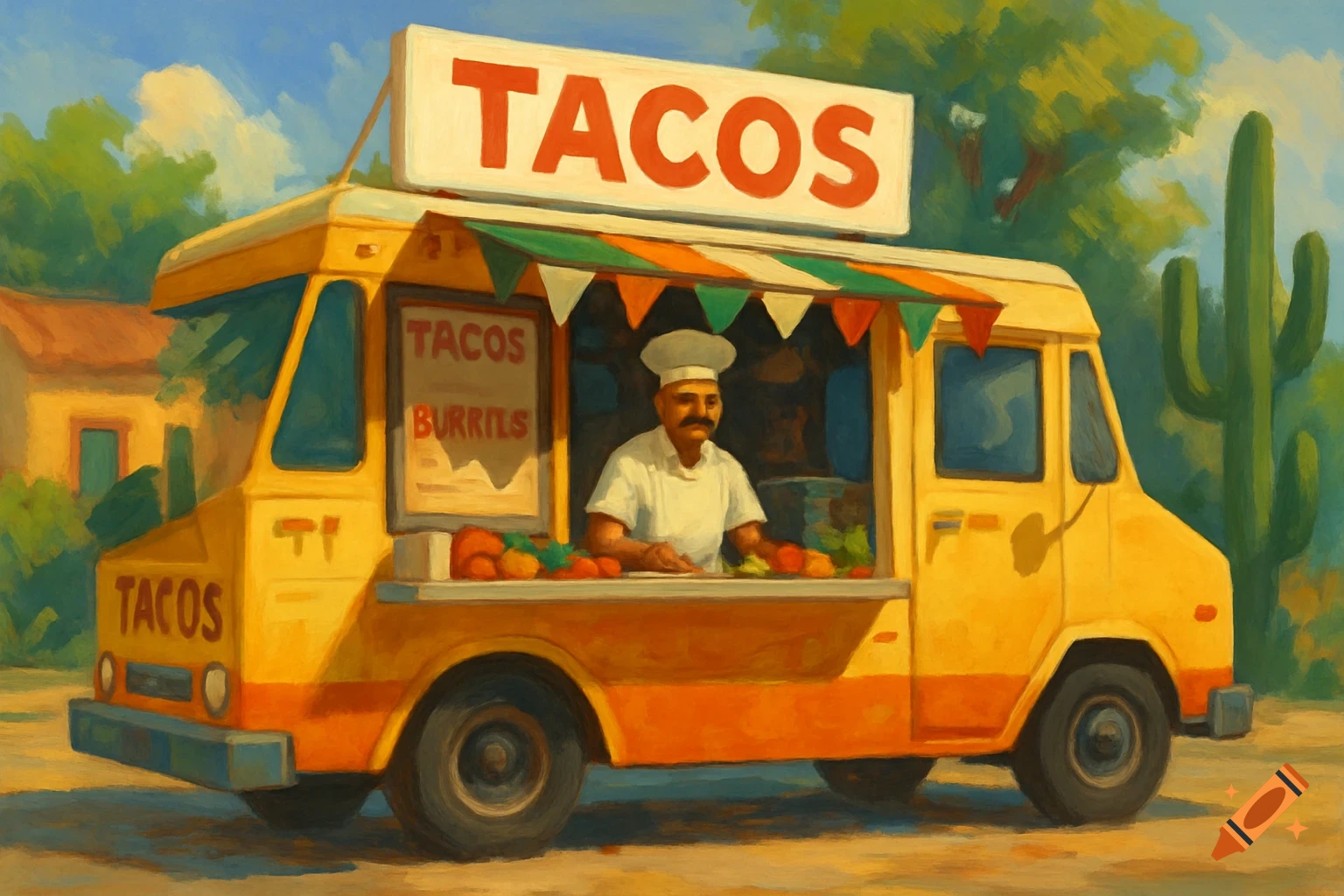 Painting of a yellow taco truck with a vendor serving customers outdoors, a large cactus nearby.