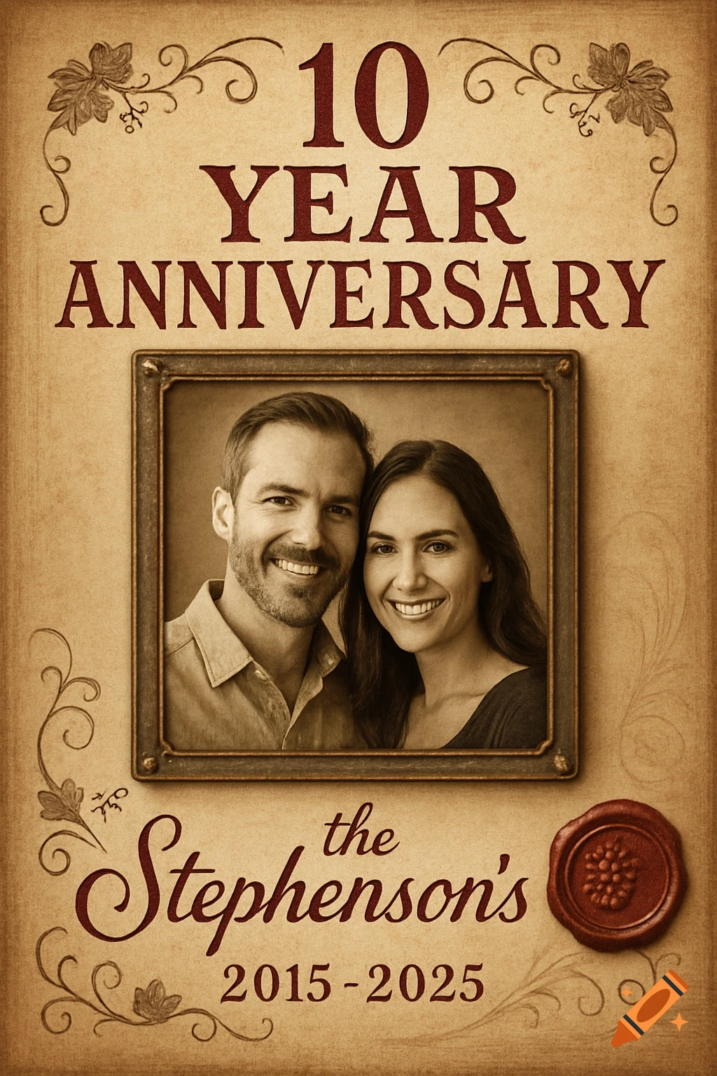 Vintage anniversary wine label with a sepia photo of a couple and text