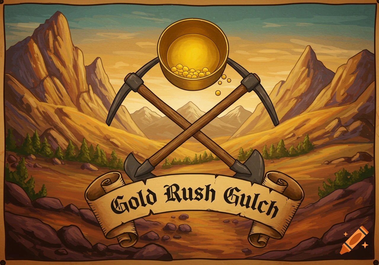Illustration of crossed pickaxes and gold pan over mountains with banner reading 'Gold Rush Gulch'.