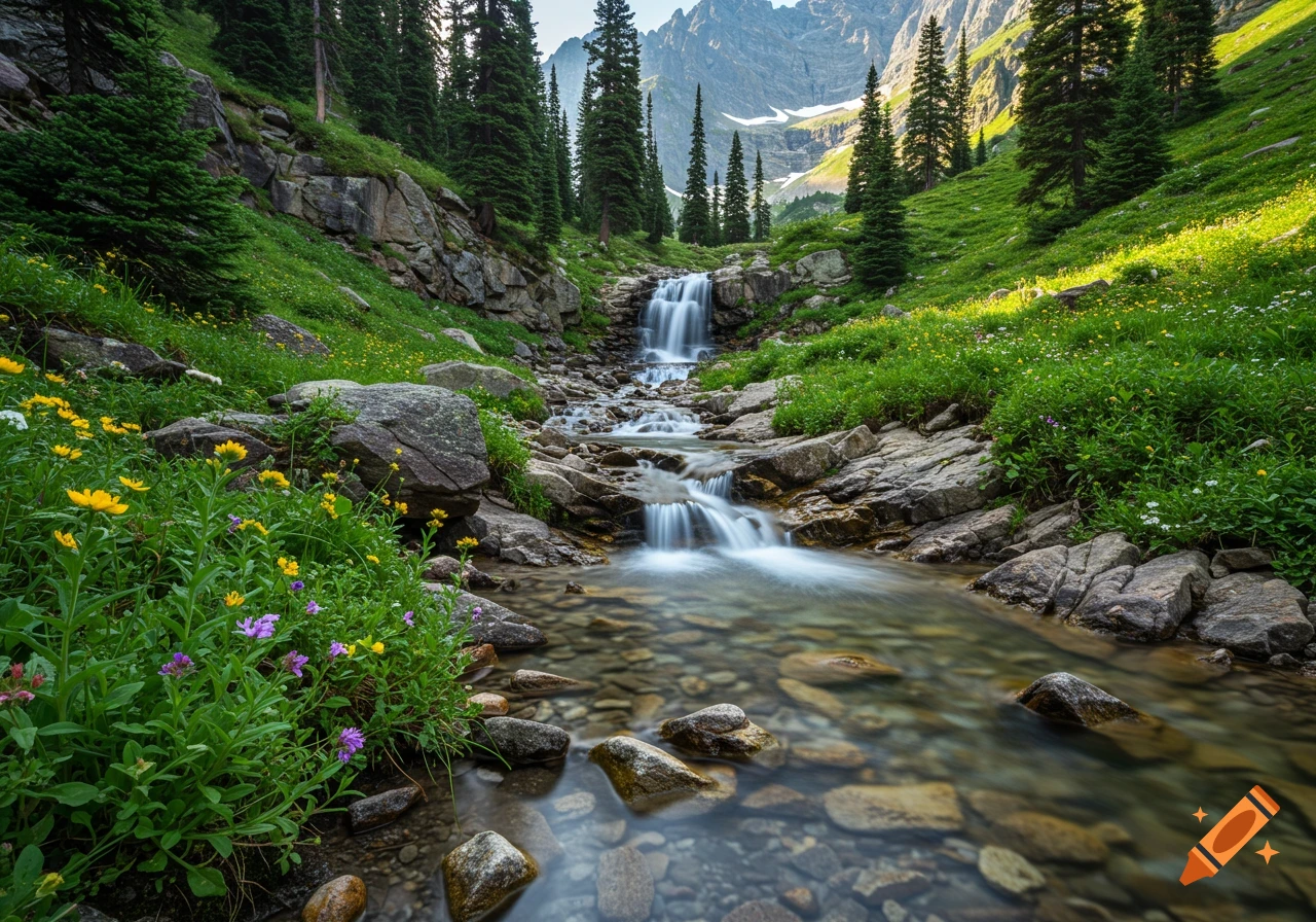 A multi-tiered waterfall flows into a rocky stream in a lush mountain valley with trees and wildflowers.