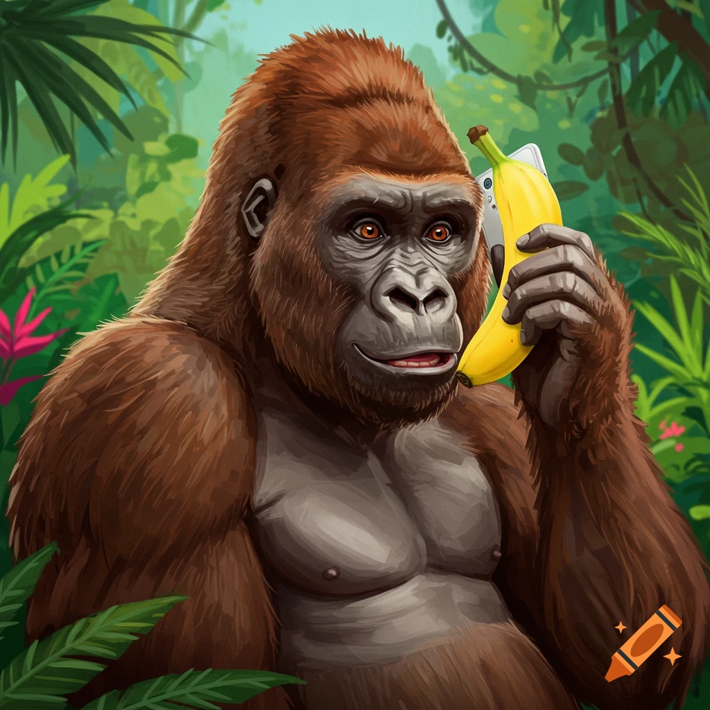 An illustrated gorilla holds a banana like a phone in a jungle.