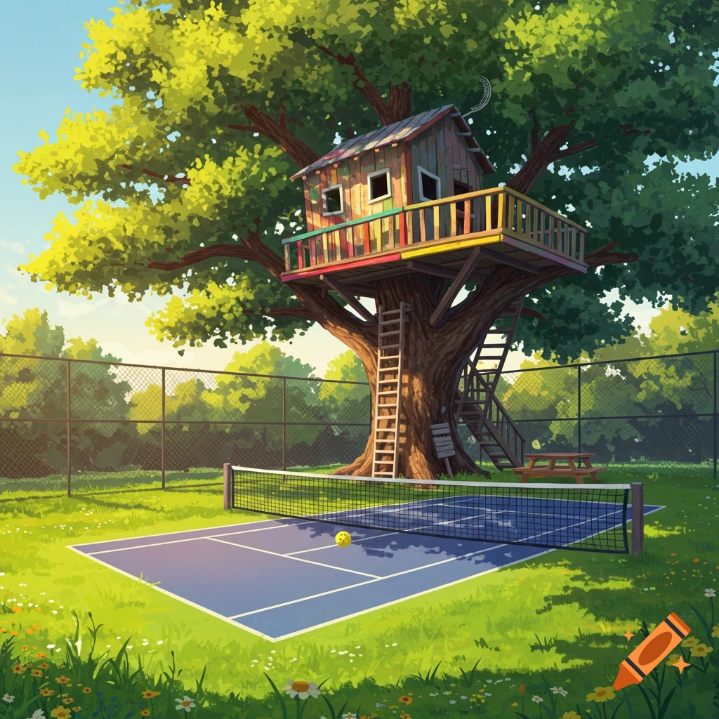 A pickleball court sits in front of a large tree with a treehouse in a sunny park.
