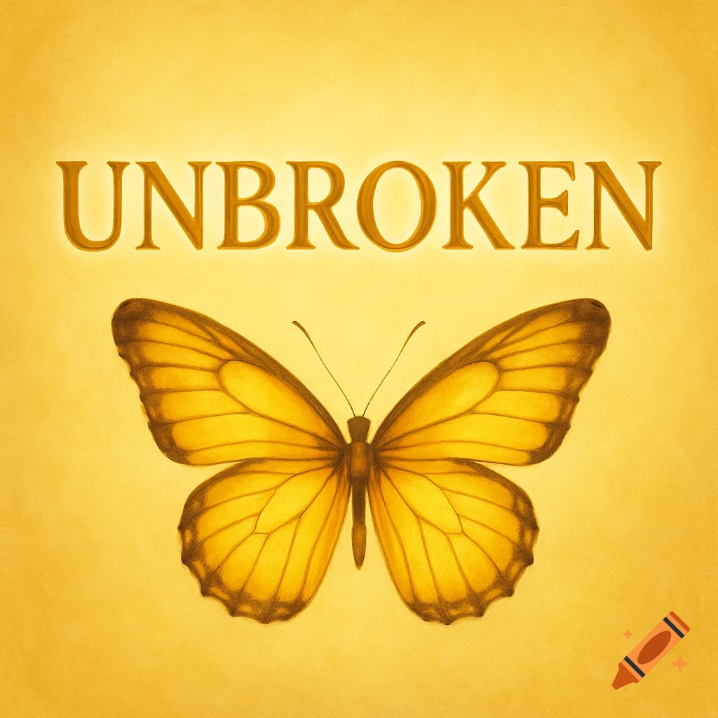 Illustration of a yellow butterfly below the word UNBROKEN on a textured yellow background.