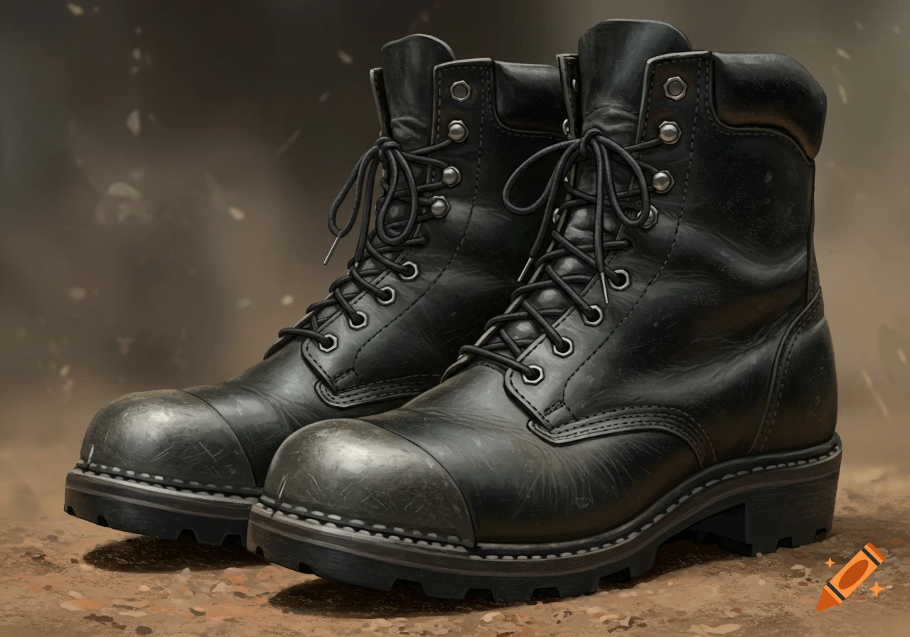Pair of black steel-toed work boots on a dirty ground.