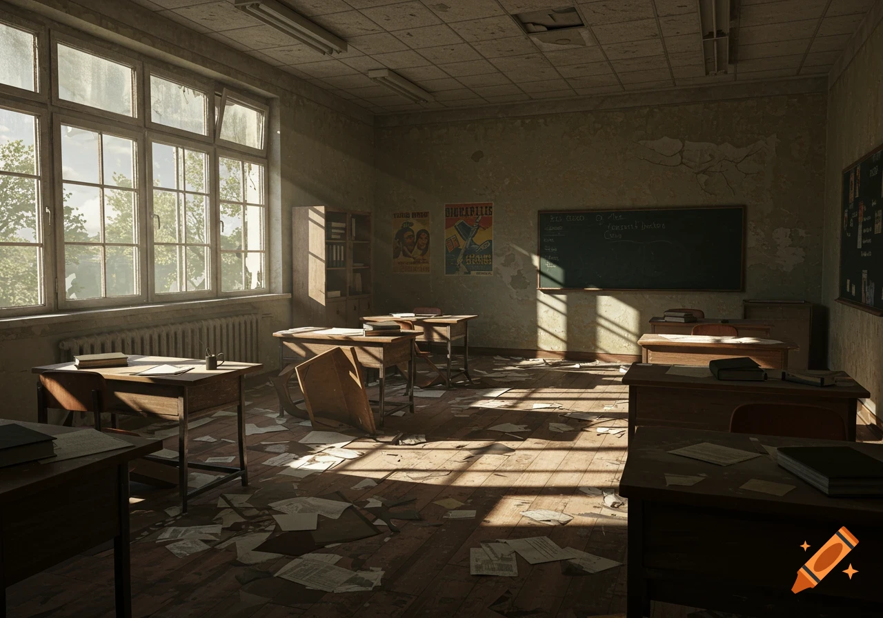An abandoned classroom with desks, a chalkboard, posters, and papers scattered on the floor, illuminated by sunlight through a large window.