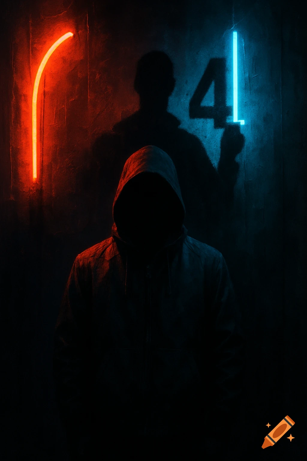 A hooded figure stands in the dark, lit by red neon light. A large blue neon number 4 appears in the shadow behind them.