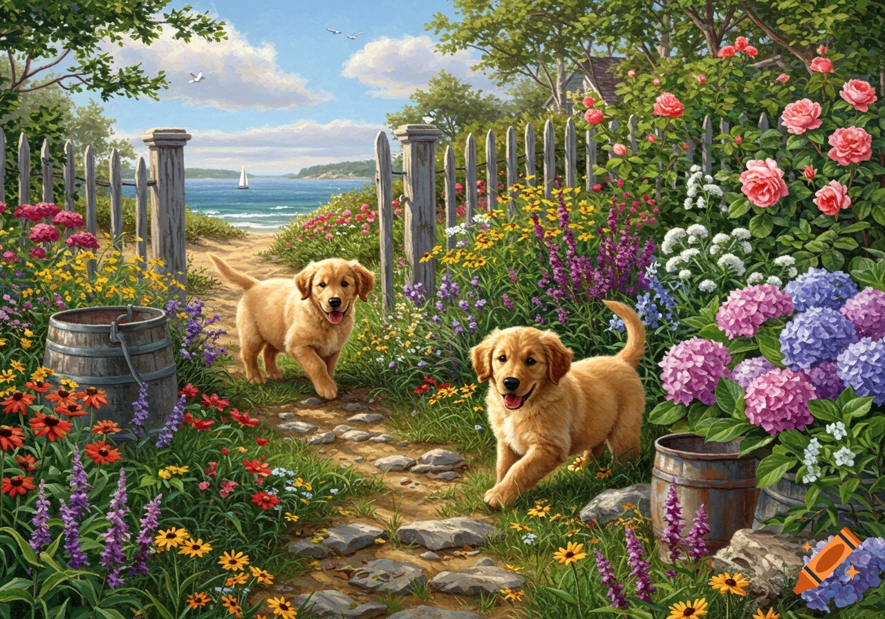 Two golden retriever puppies on a garden path by the coast, surrounded by colorful flowers. Painting.