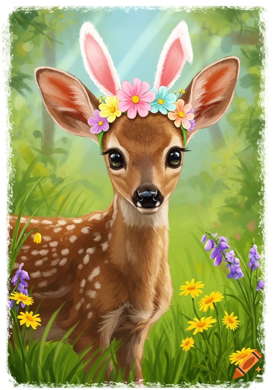 A cute deer wearing bunny ears and a flower crown in a forest.