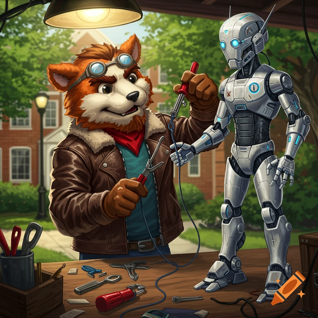 A furry fox character wearing goggles and a leather jacket solders a robot on a table on a college campus. Digital illustration.