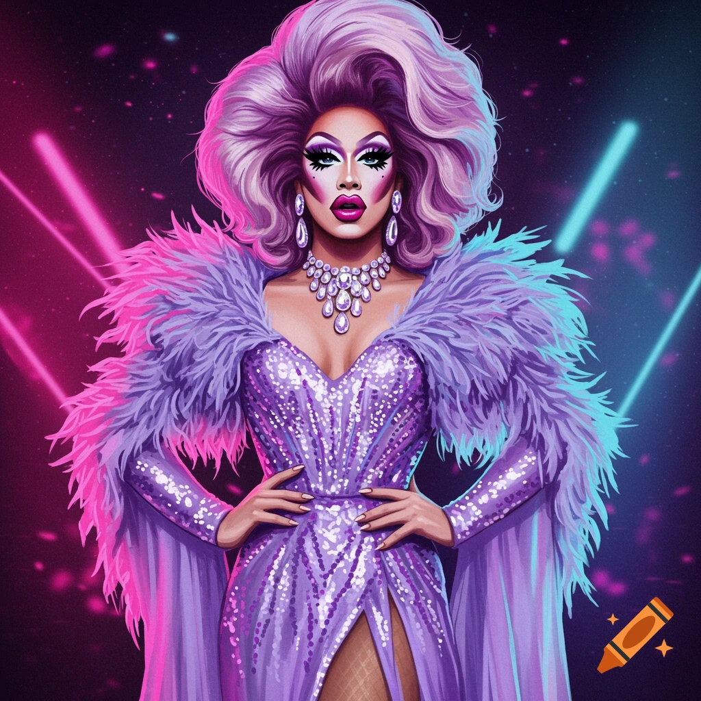 Vibrant illustration of a drag queen in a purple sequin dress and feathered boa against a neon light background.