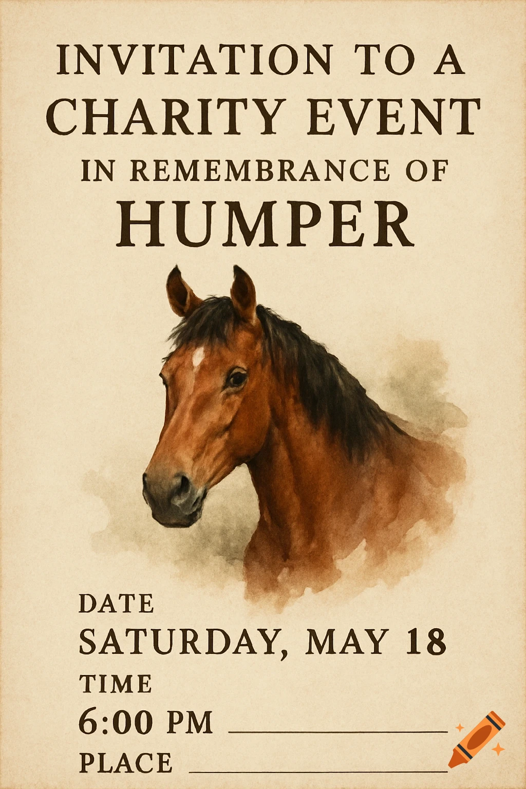 Invitation poster with a painting of a horse head and event details.