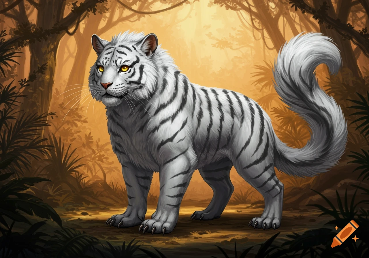 An illustration of a white tiger with yellow eyes standing in a forest clearing with trees and foliage.