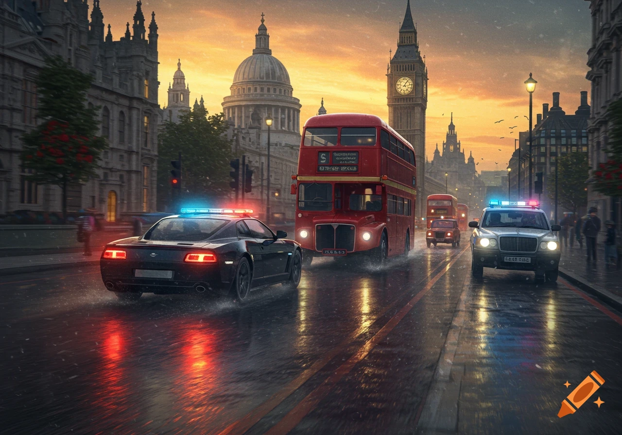 A police car chases a red double-decker bus on a wet street in London at sunset.
