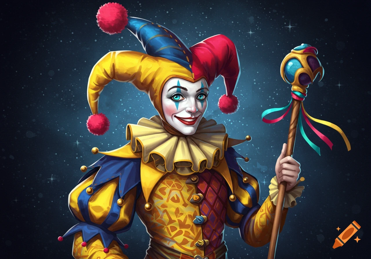Colorful illustration of a jester holding a staff.