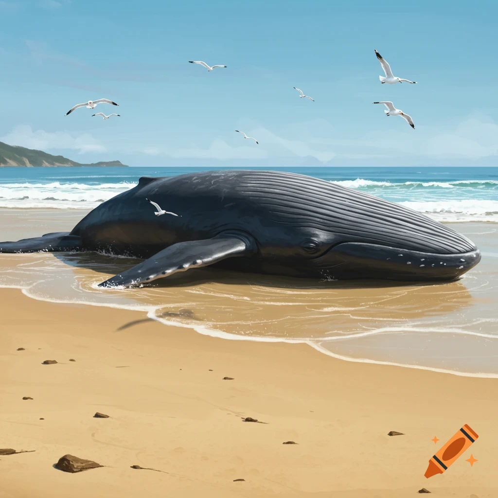 A large dark whale lies on a sandy beach as seagulls fly overhead and waves reach its body. Painting style.