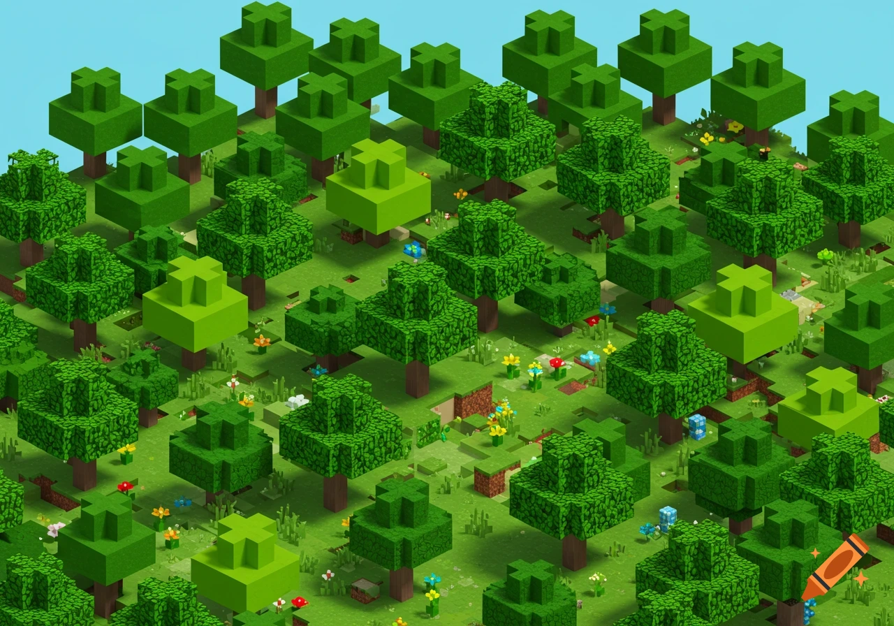 A blocky, pixelated forest scene in the style of Minecraft, showing many trees and flowers on green grass.