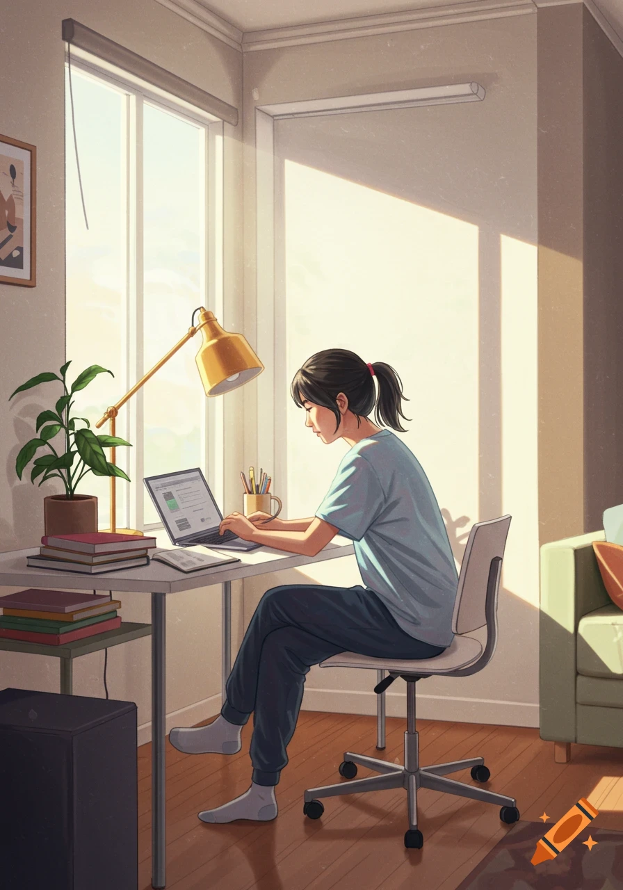 An illustration of a person working on a laptop at a sunlit desk in a room.