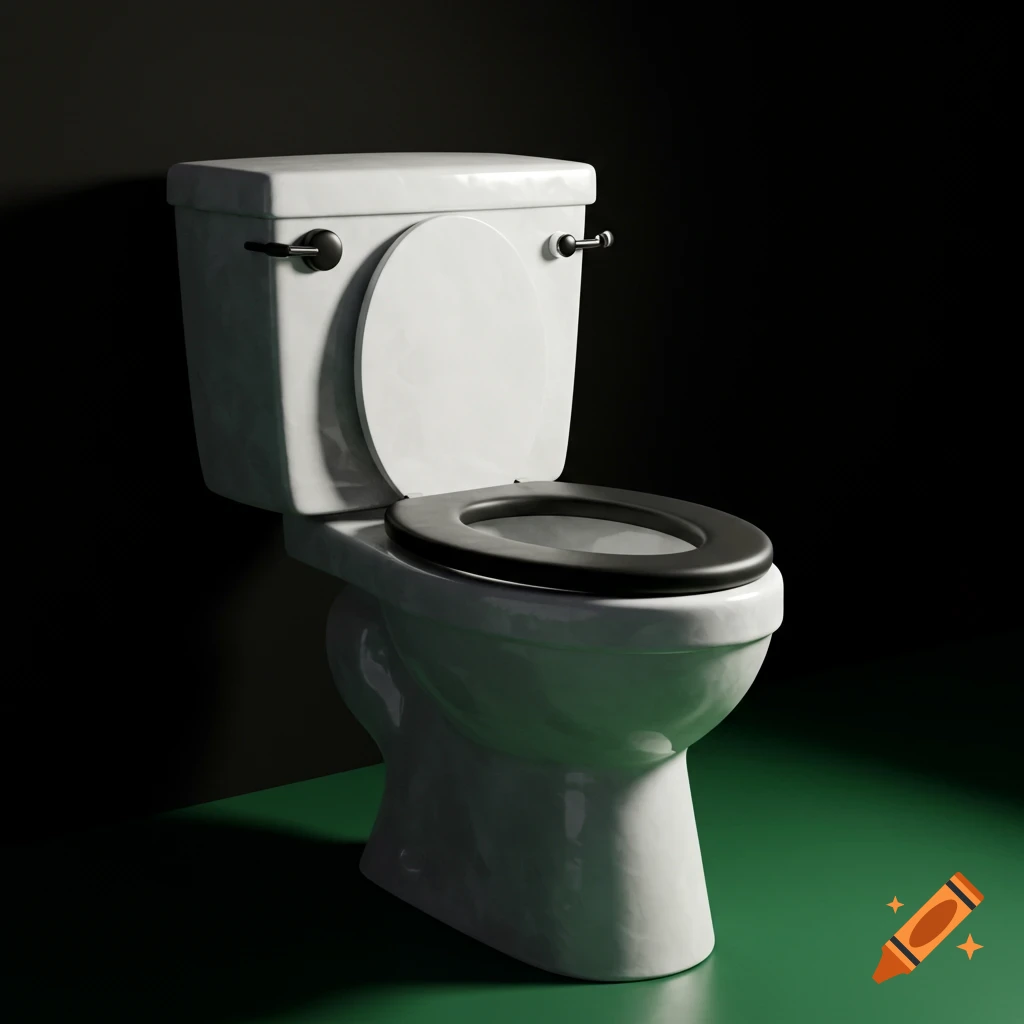 A white toilet with the seat up, lit dramatically on a green floor against a dark background.