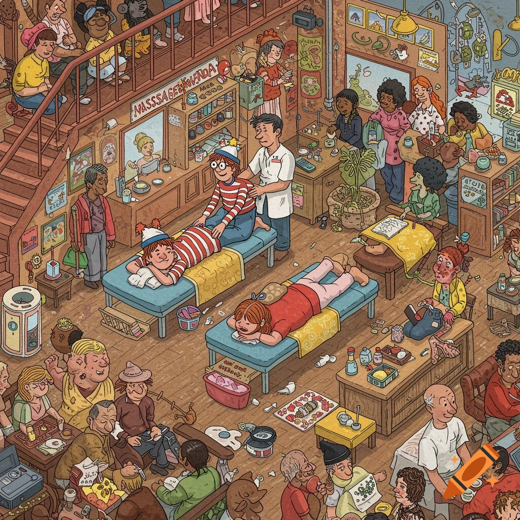 Detailed illustration of a crowded massage parlor in the style of Where's Waldo, with Waldo and Wenda getting massages.