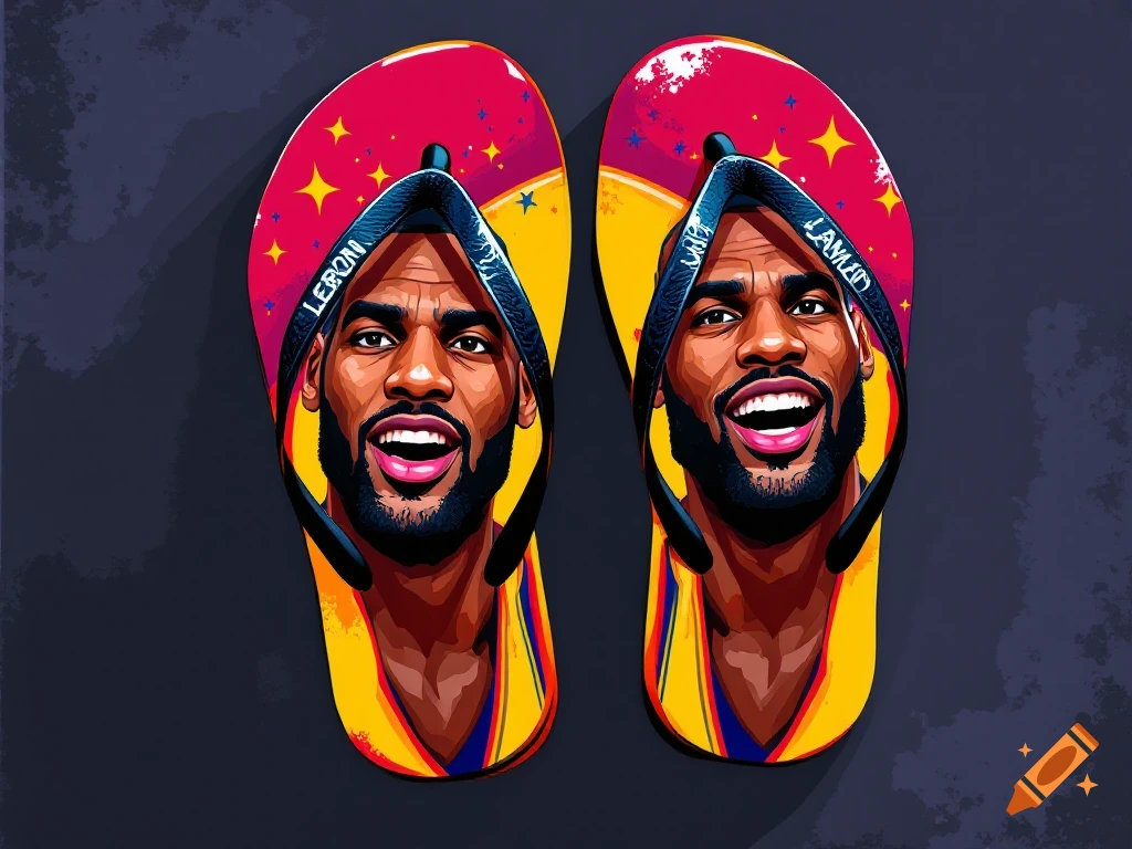 Pair of flip-flops with a stylized illustration of LeBron James' face on the soles.