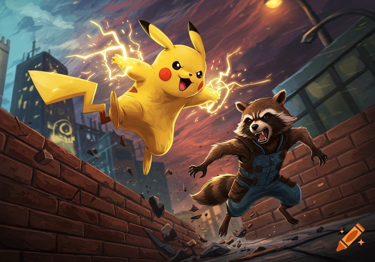 Pikachu and Rocket Raccoon jump over a brick wall in an urban fantasy scene.