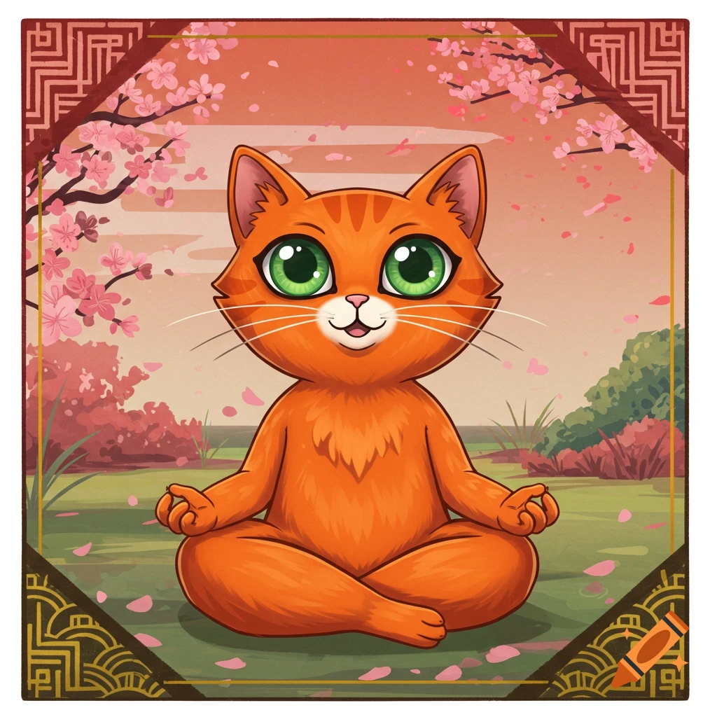 Cartoon orange cat meditating in a Japanese garden with cherry blossoms