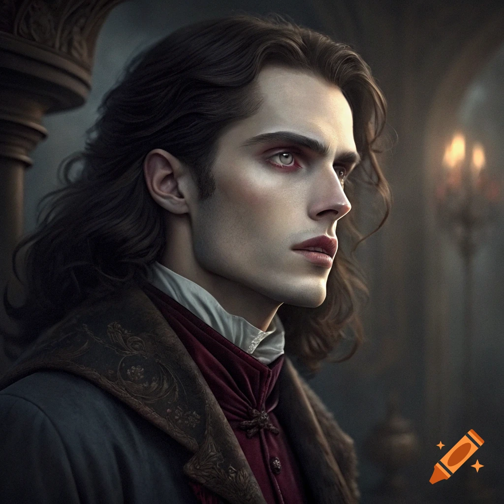 Realistic portrait of a pale man with dark wavy hair and light eyes in a red and grey period outfit.