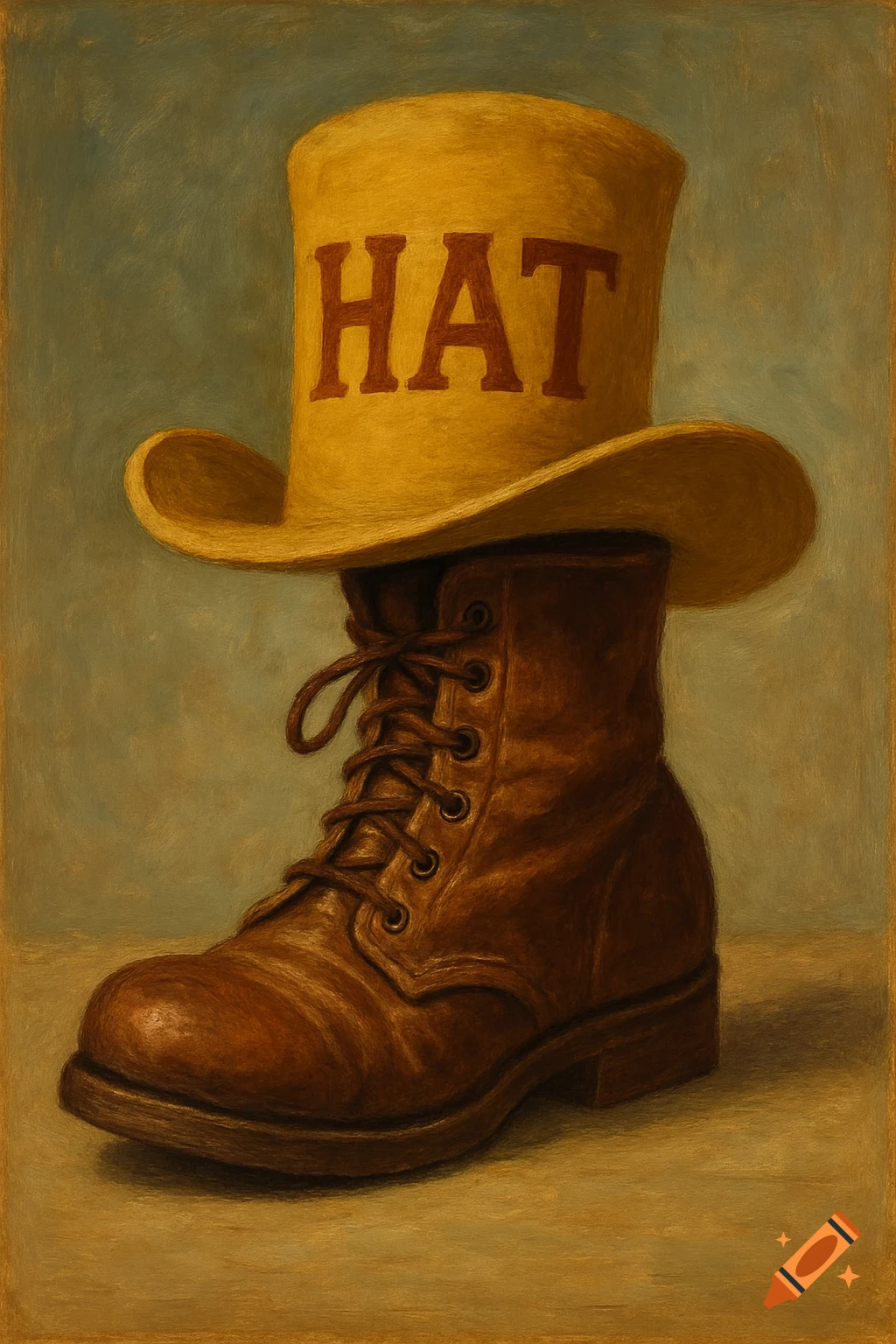 A brown boot with a yellow hat labeled 'HAT' on top, in a painterly style.