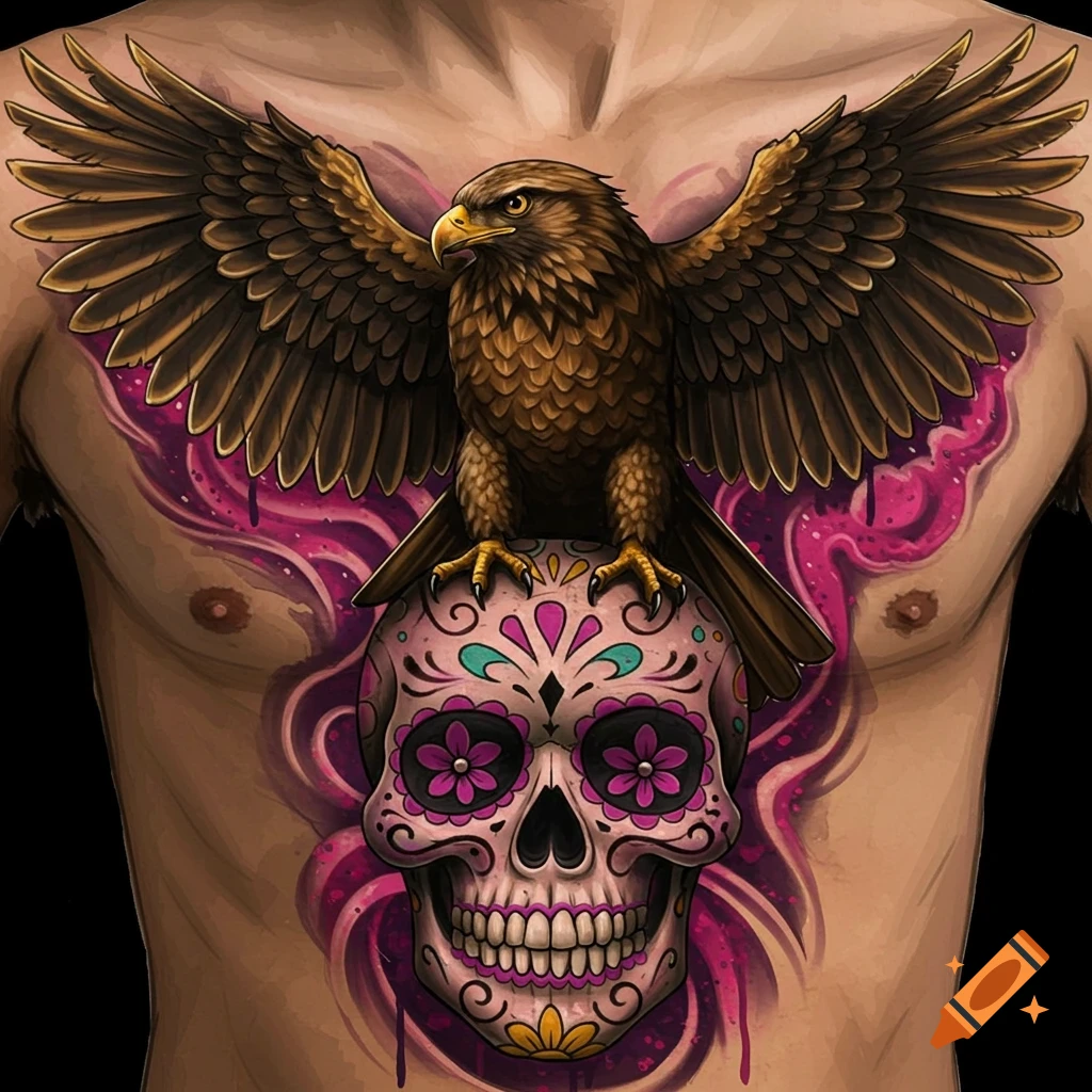 Colorful chest tattoo of an eagle perched on a sugar skull