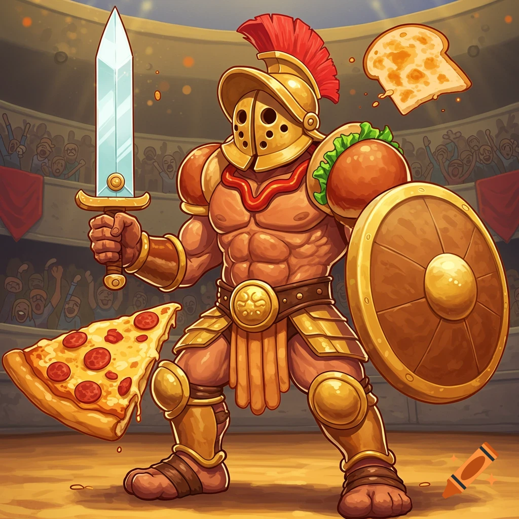 Cartoon gladiator in an arena with pizza, sandwich, and toast.