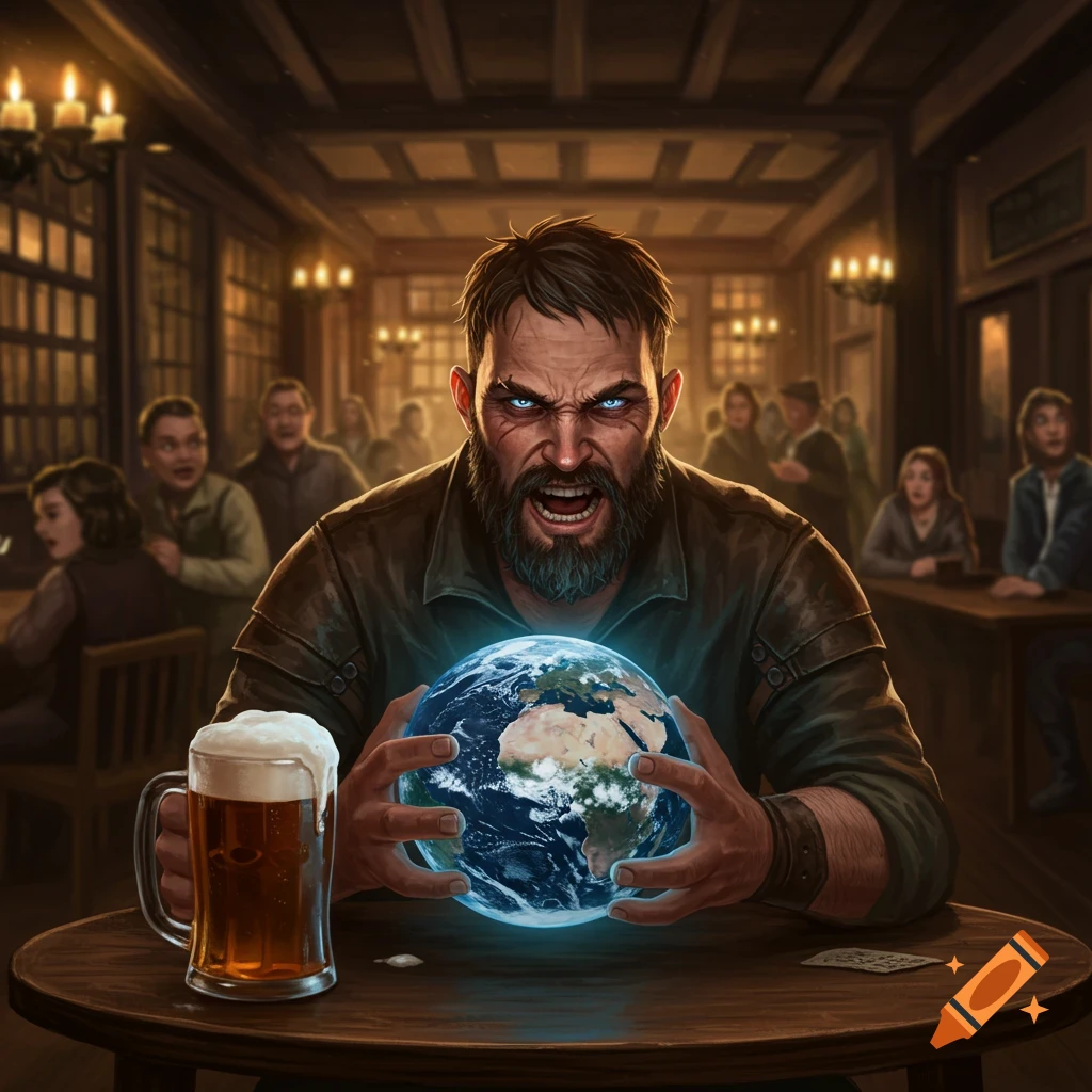 Man with glowing eyes holds the Earth in his hands while sitting in a pub with a pint of beer.