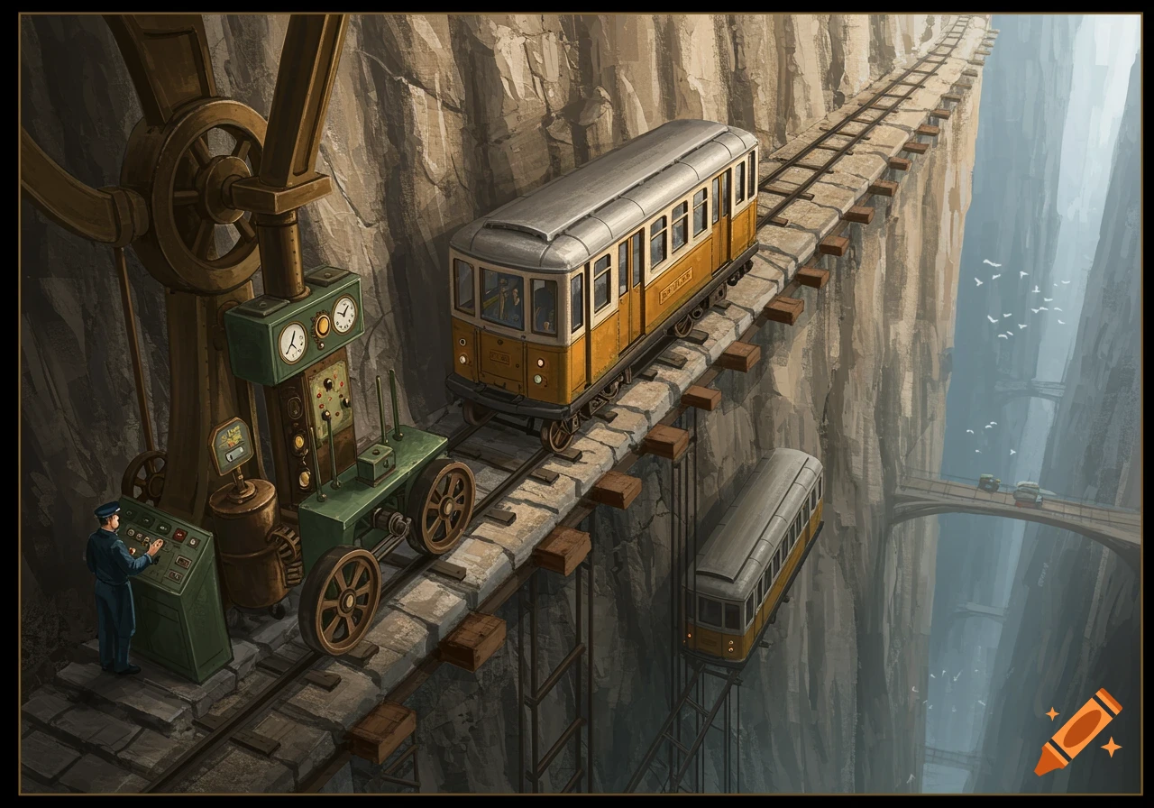 Steampunk train-like elevator car ascending a track built into a cliff face, with operator and machinery.