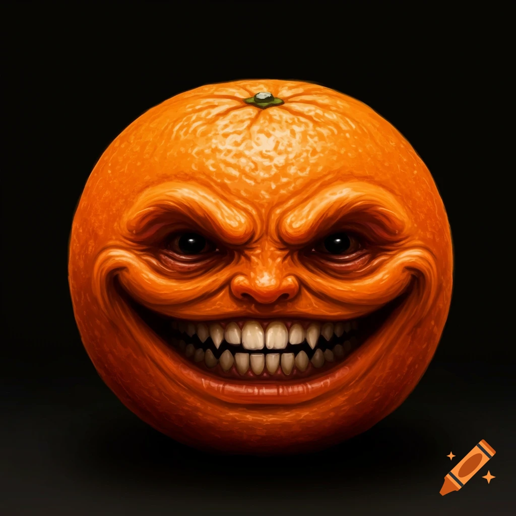 A close-up digital illustration of an orange with a scary, uncanny human face and sharp teeth smiling on a black background.