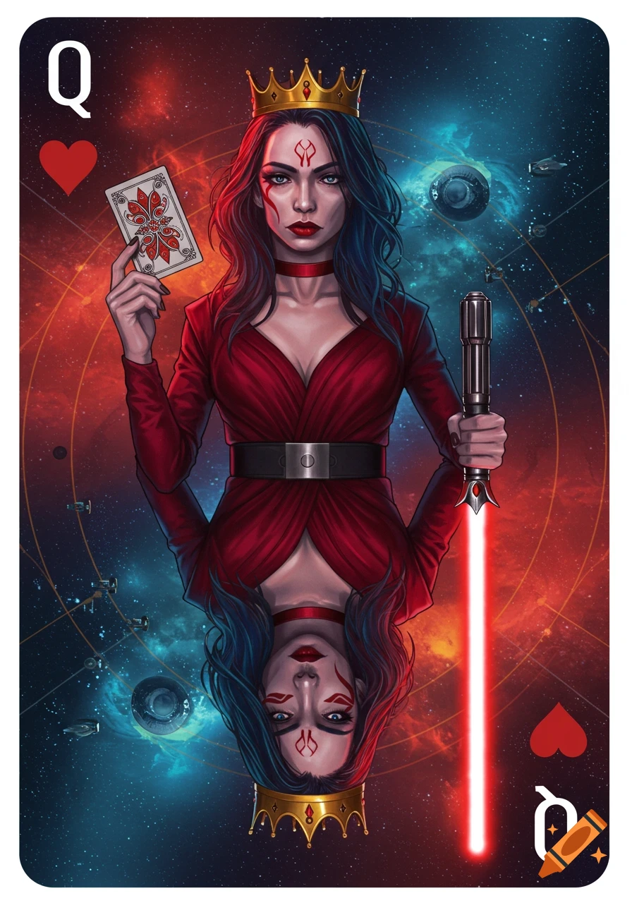 Illustration of a Star Wars character as a Queen of Hearts playing card in space.