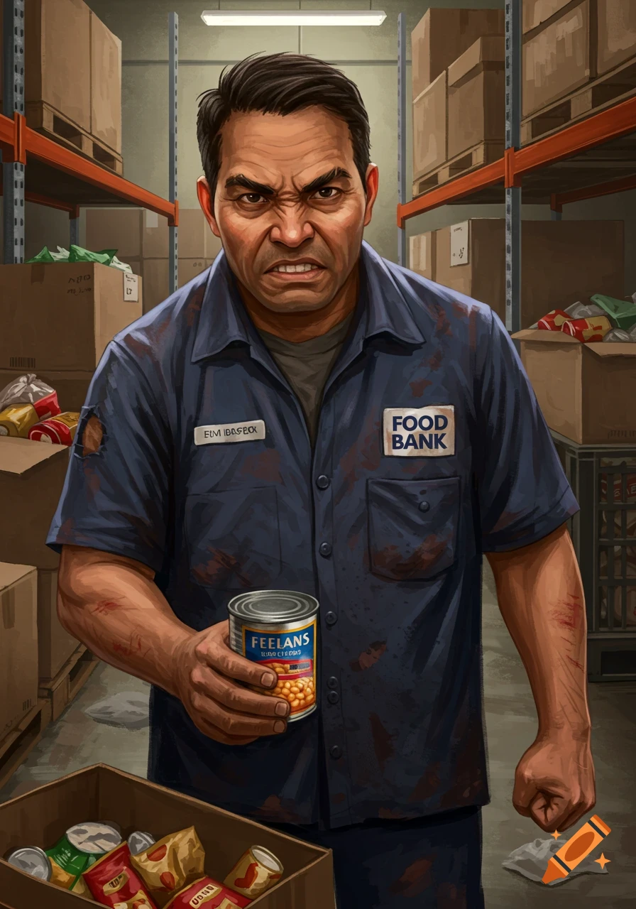 Angry man holding a can in a food bank warehouse.