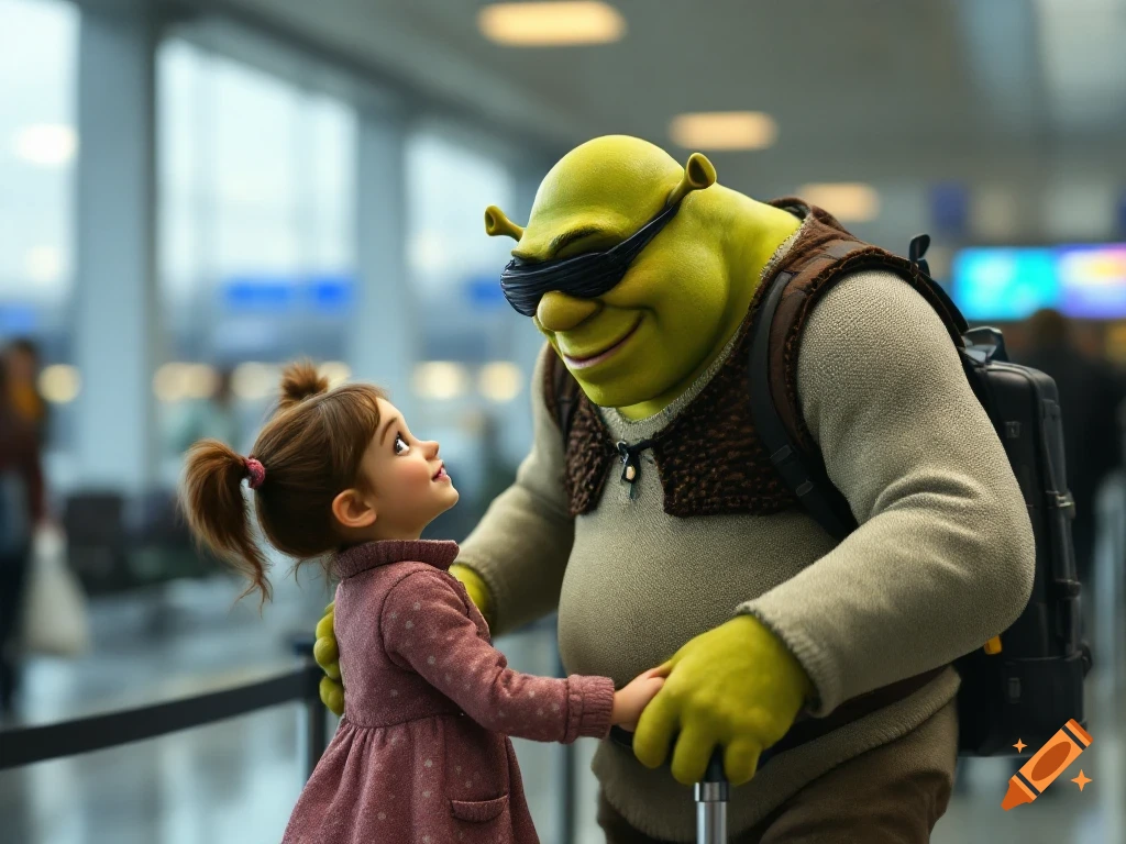 Photorealistic Shrek in sunglasses and backpack holding a little girl's hand in an airport.