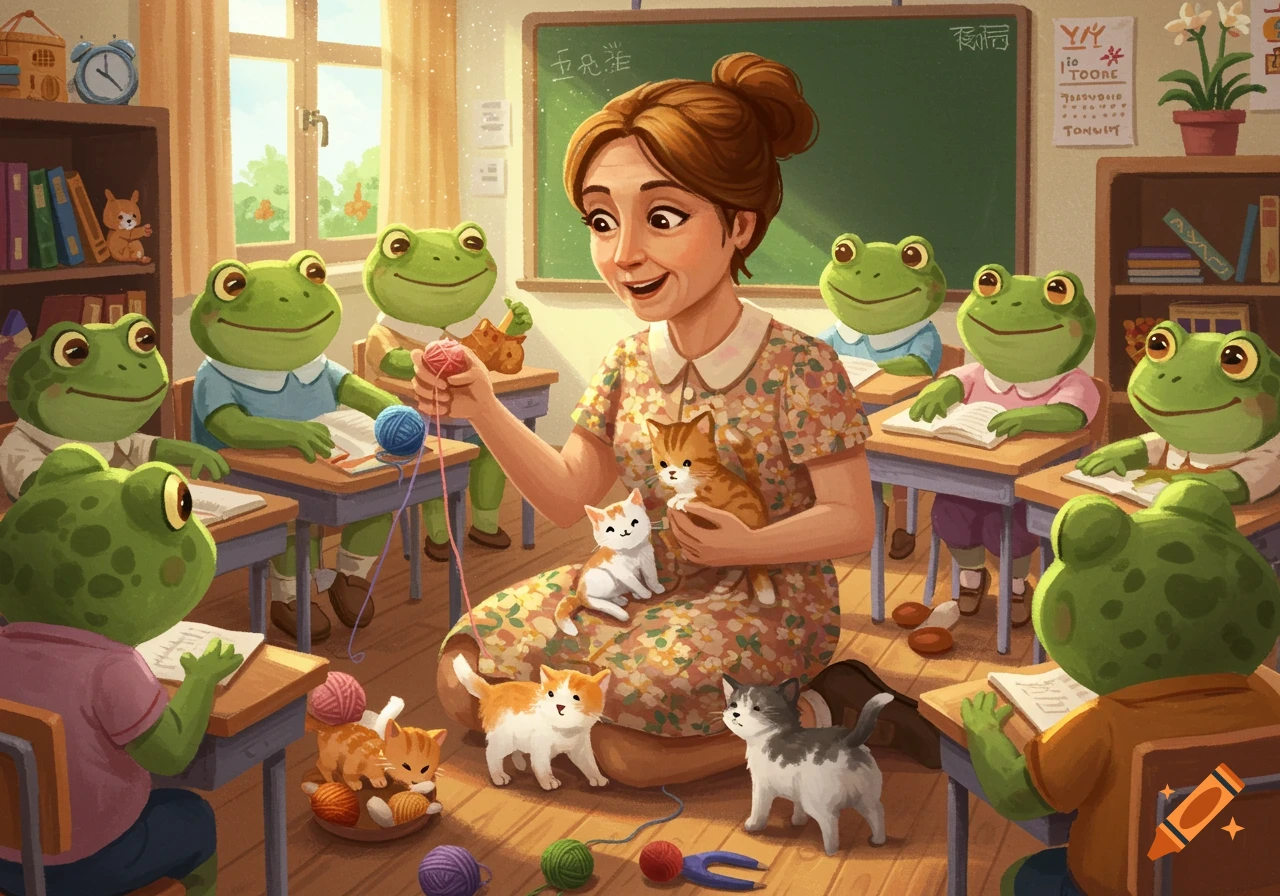 A teacher holds kittens in a classroom filled with student frogs.