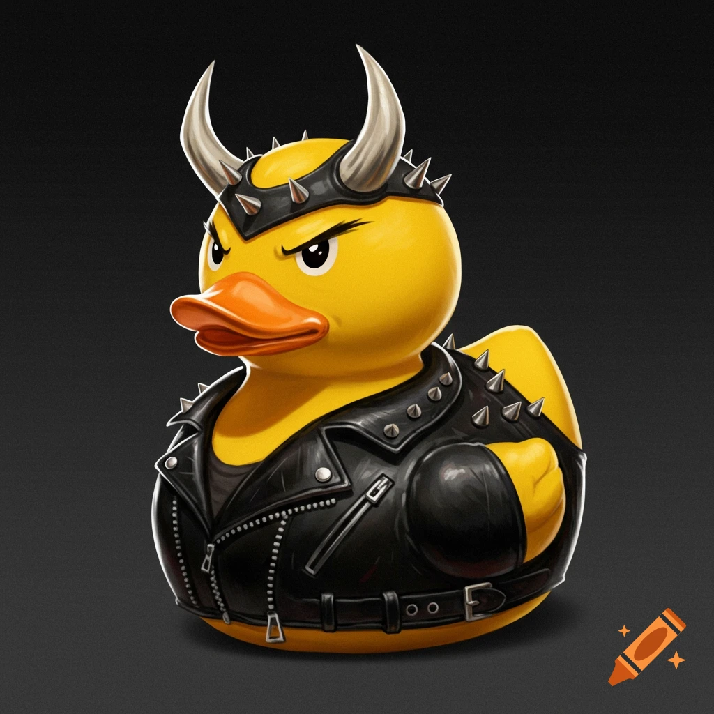 Illustration of a rubber ducky wearing a black leather jacket, head spikes, and horns.