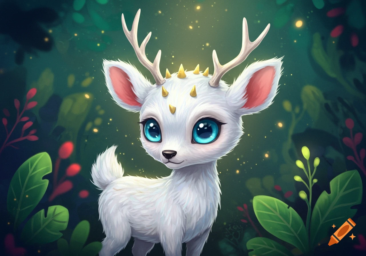 A cute white fantasy deer with blue eyes and golden spikes on its head stands in a magical, sparkling forest.