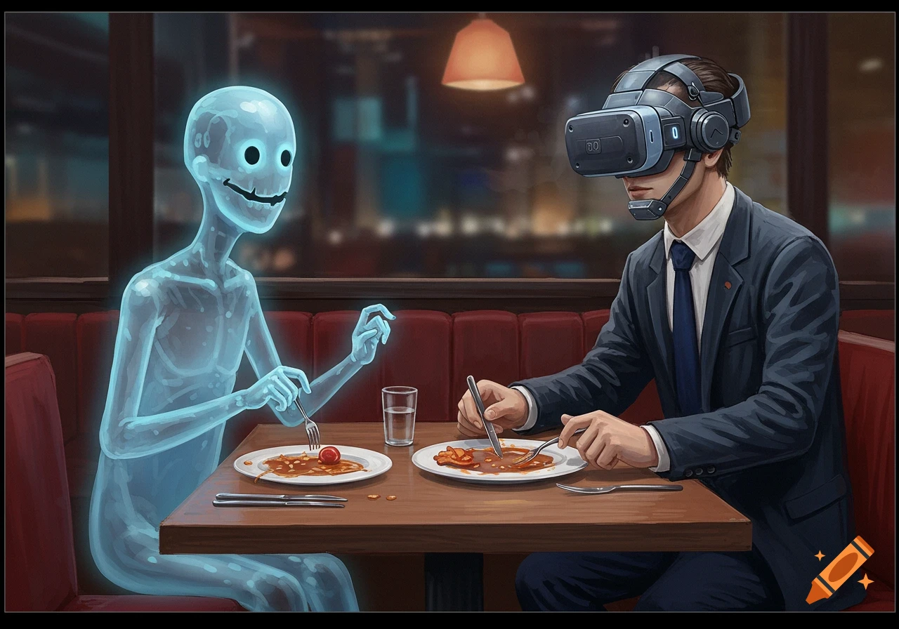Man in VR headset dining with a ghost-like AI figure at a restaurant table.
