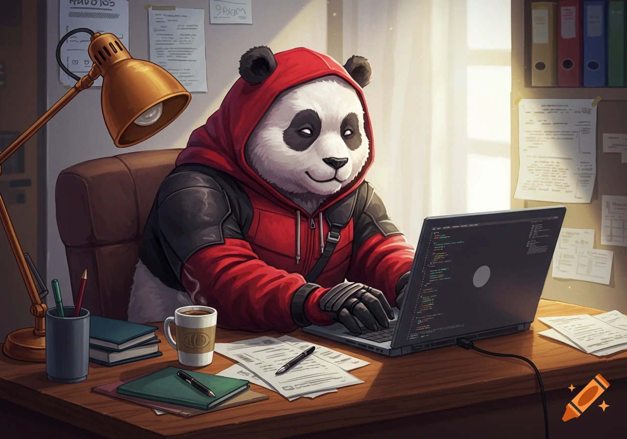 An anthropomorphic panda in a red hoodie sits at a desk typing code on a laptop.