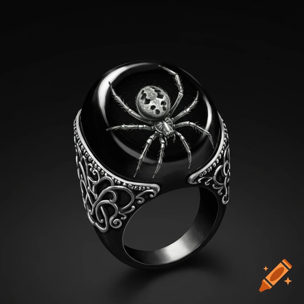 Onyx ring with a silver spider on the gem.
