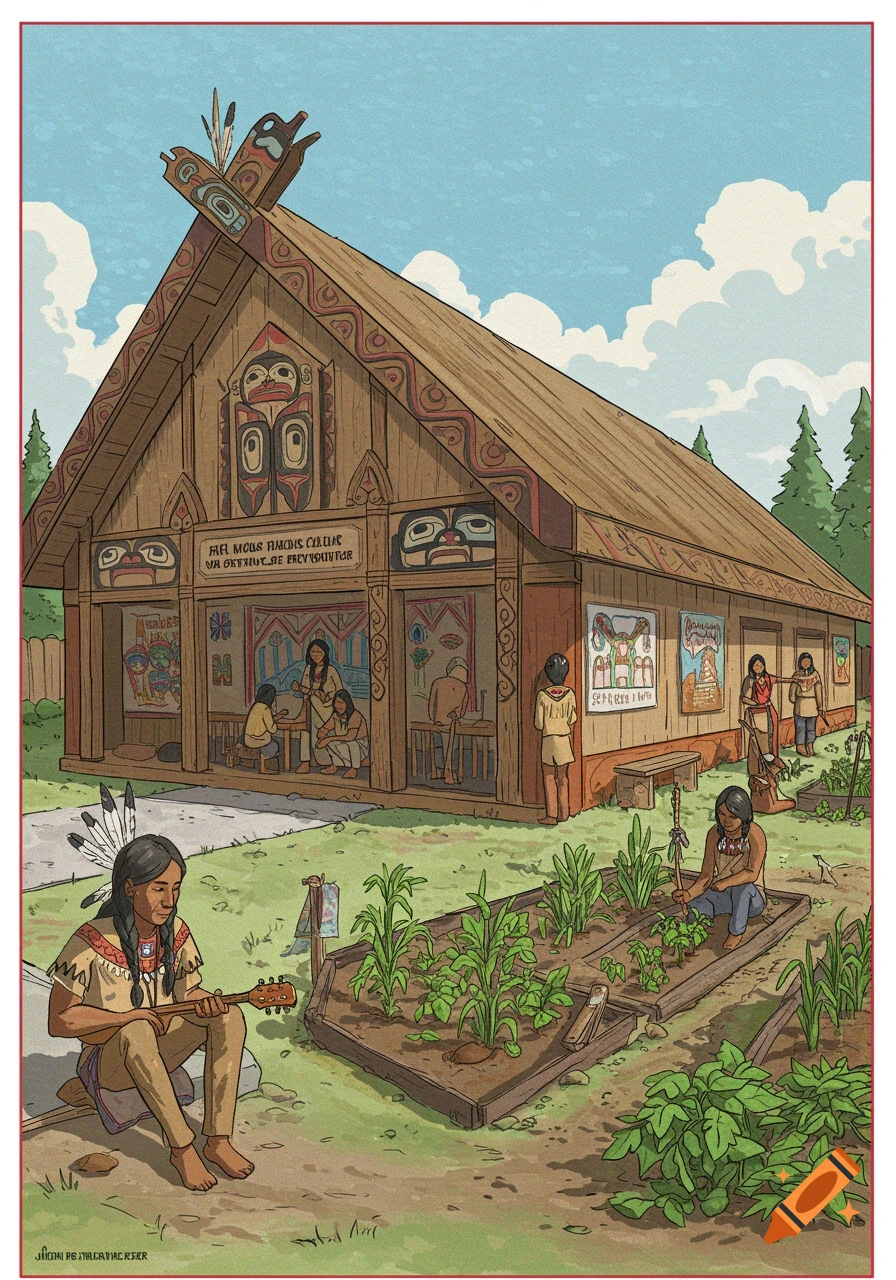 Illustration of Indigenous people outside a longhouse cultural centre, with gardening and music.