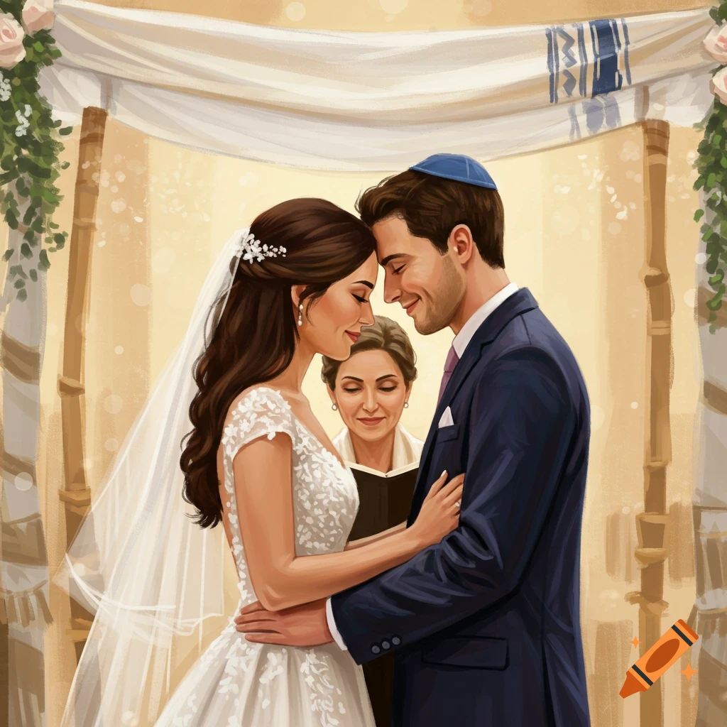 A Jewish couple embraces under a chuppah during their wedding ceremony.