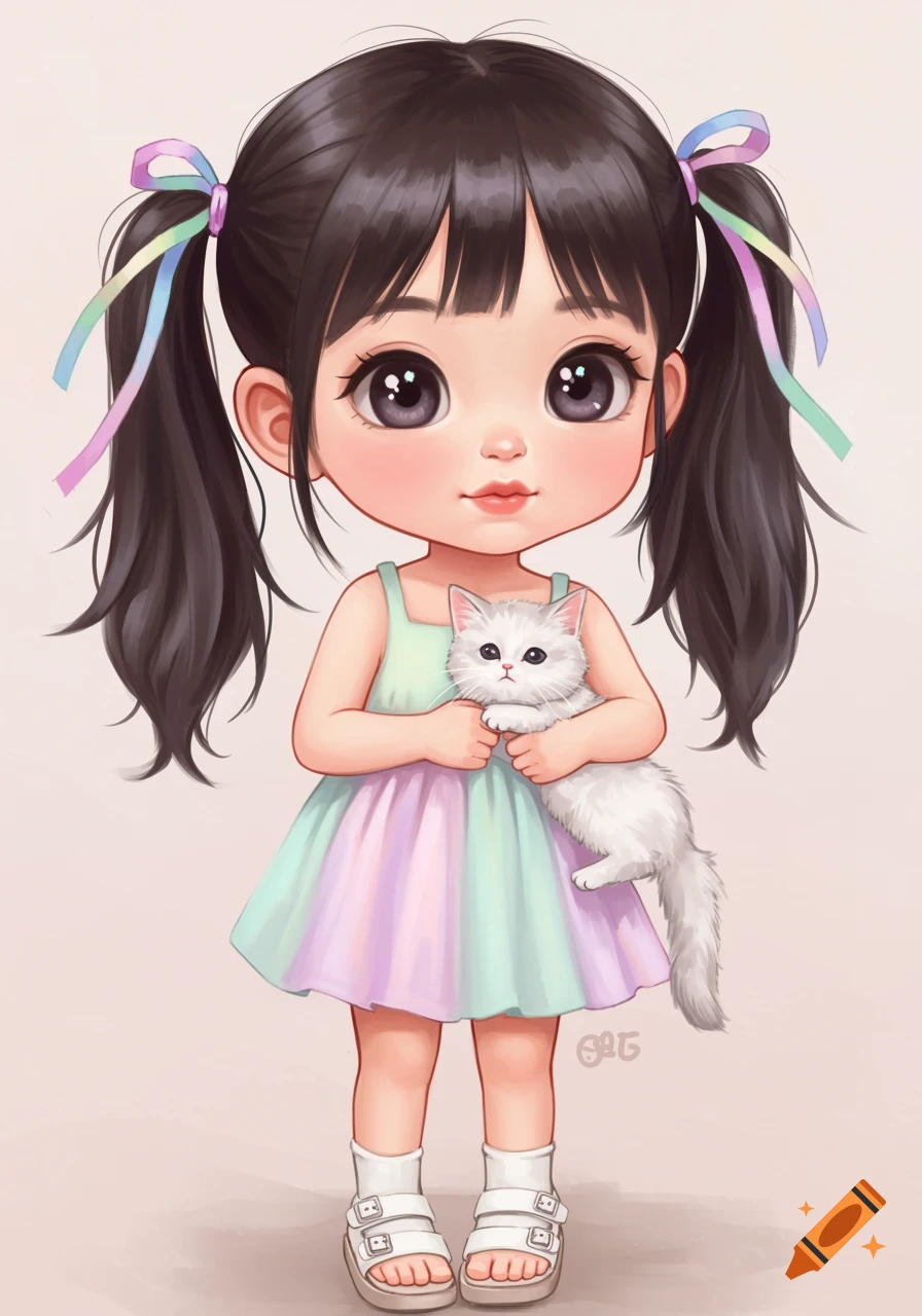 Illustration of a cute girl with pigtails holding a white kitten